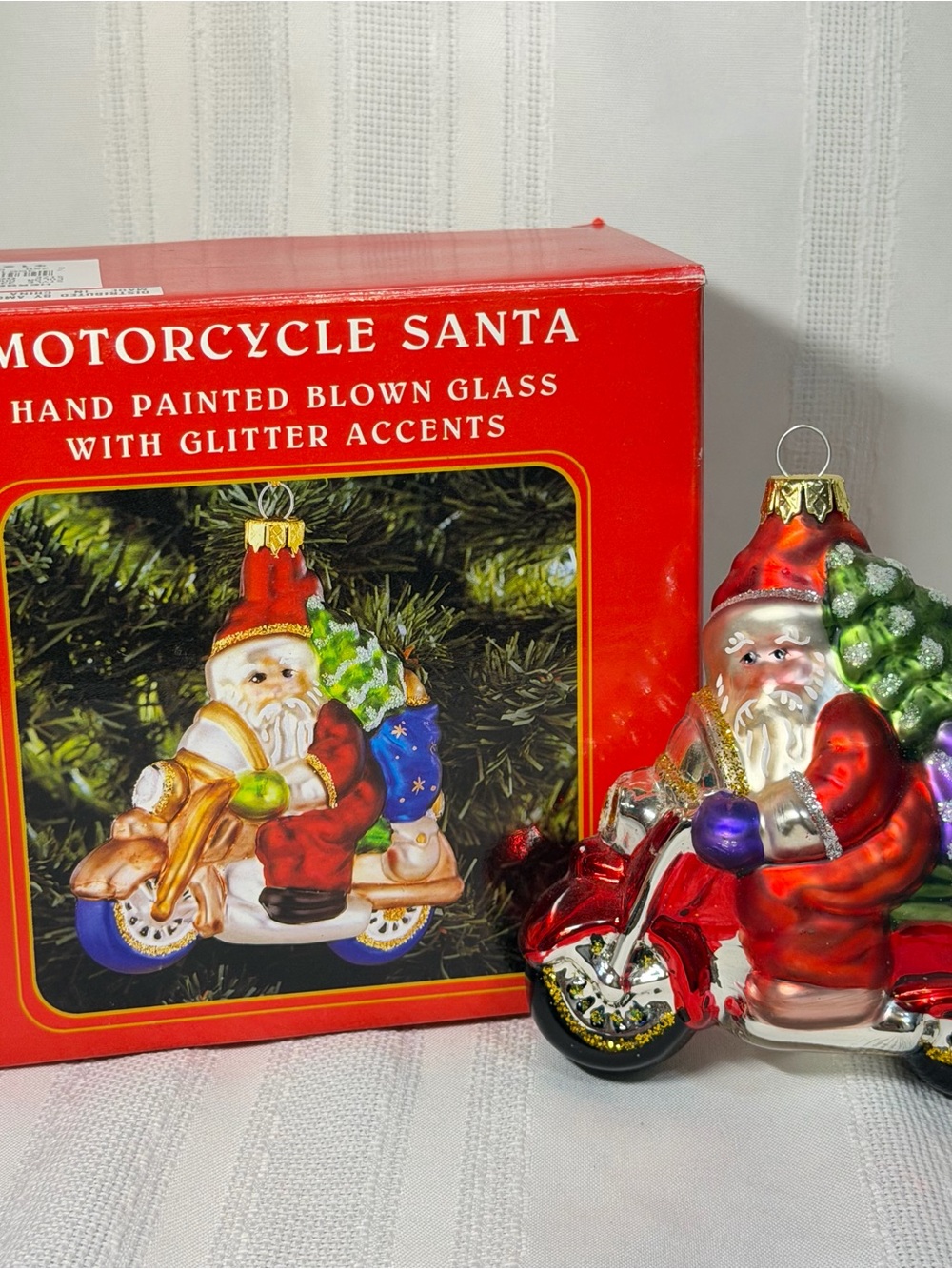 Blown Glass Christmas Tree Ornament SANTA on MOTORCYCLE with Box Hand Painted